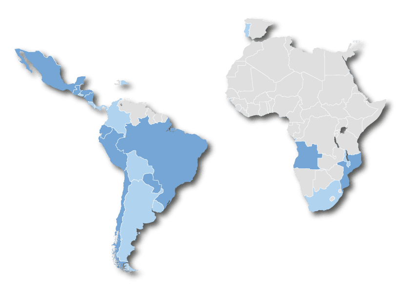 la imagen muestra que argus soluciones está en los continentes de centroamérica y sudamérica mostrando en azul donde se encuentra argus y en gris donde aún no está